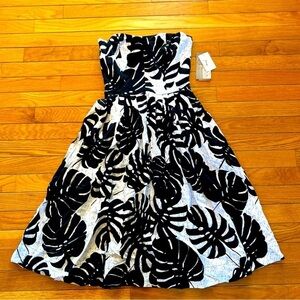 New NWT Rachel Roy Palm Leaf Bandeau Strapless A-Line Dress Size 0 Black & White